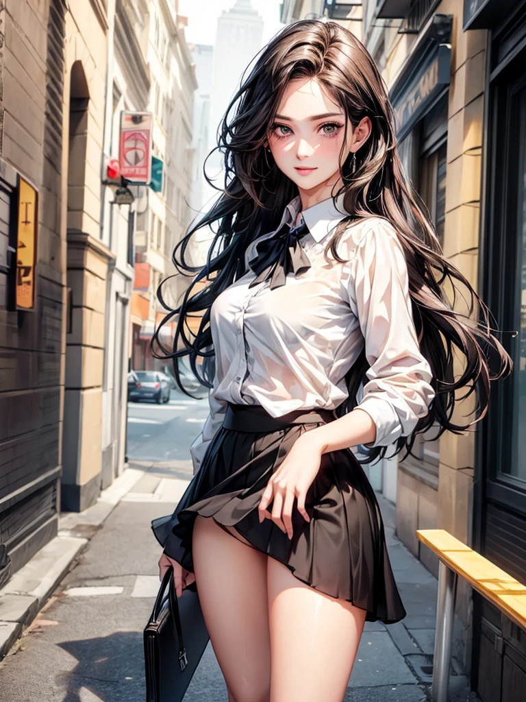 A woman, 30 years old, Mature, Super textured hair, Extra long wavy hair, Single ear front hair, Nice face, Super detailed eyes, Grow eye hair, shining pupils, Charming eyes, Beautiful and delicate lips, seductive smile, A light blush, Very detailed face, Extra detailed body, High quality real skin texture, Soft textured skin, (Advanced semi-transparent chiffon office clothing design), white collared shirt, black skirt, Lace trim at hem, Black underwear, High heel, bust cardigan, High quality legs, Super high quality fingers,