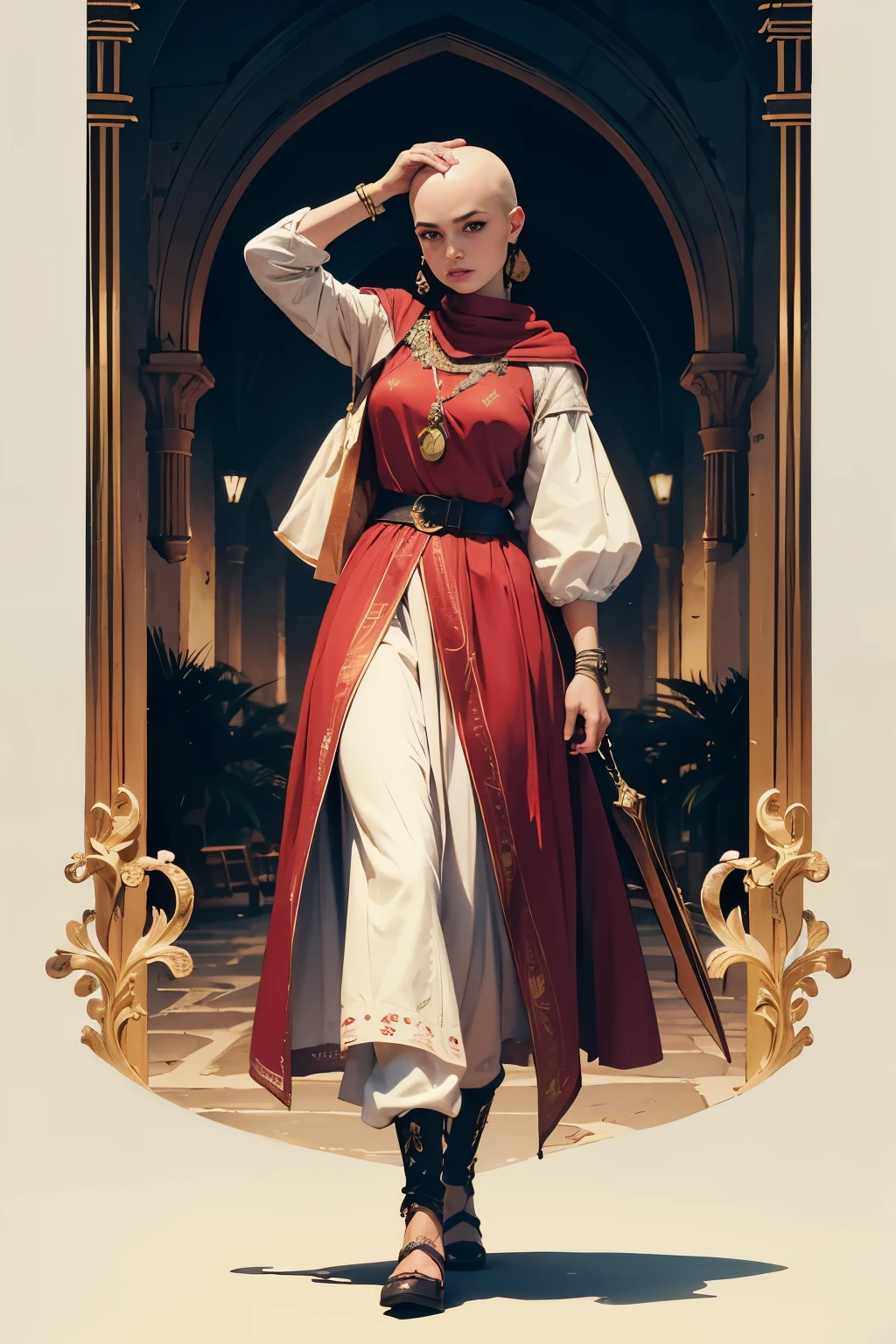 mulher de 20 anos, sem cabelos, bald head, uma faixa vermelha amarrada na testa, pele escura, Arab descent, roupa medieval branca com detalhes em vermelho, small figurines tied to a large necklace around the neck, armadura de prata, armadura medieval nos ombros, armadura medieval, Botas pretas, corpo todo