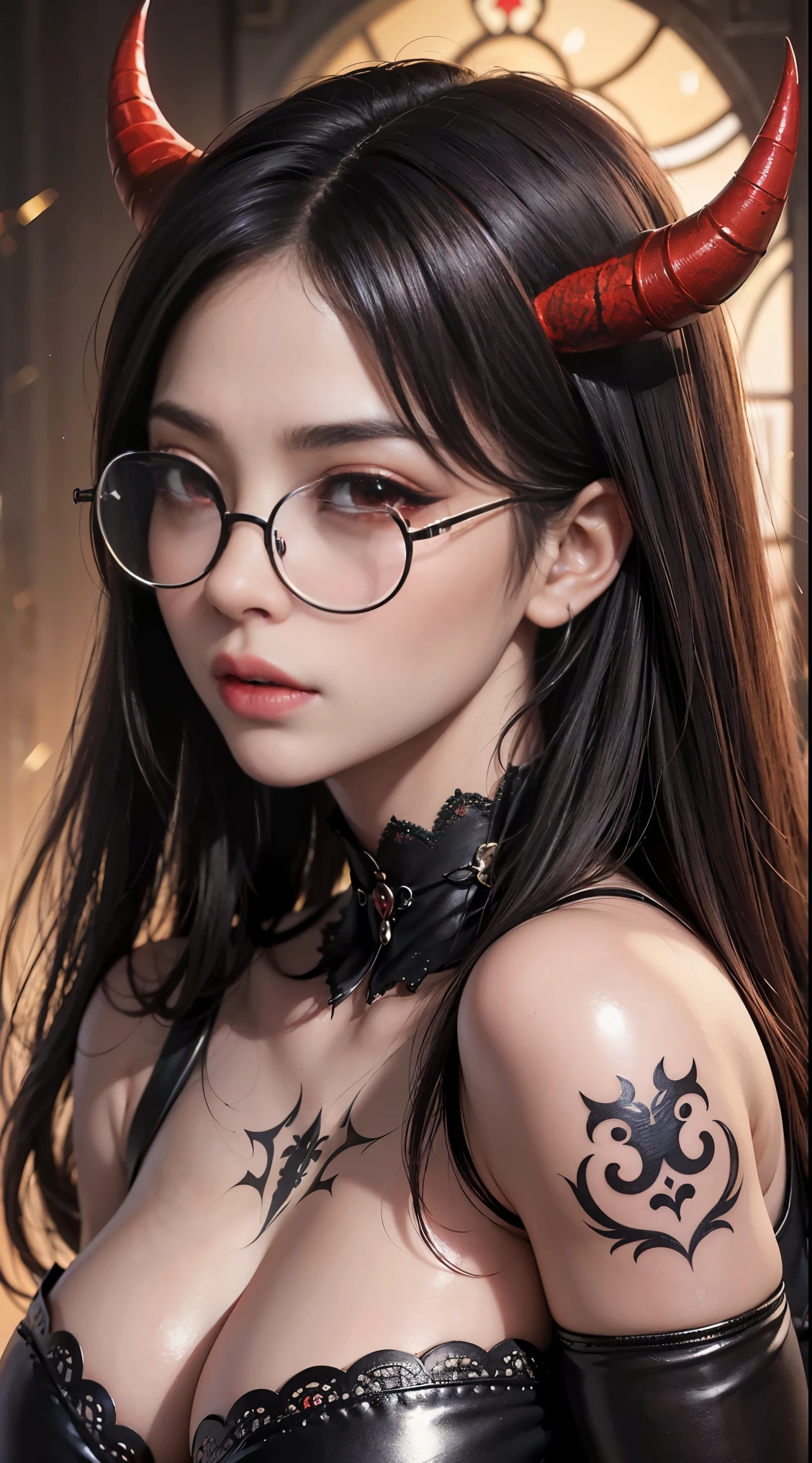 Are you okay、(best illustrations)、8k UHD resolution、intricate details、highest quality、realistic、super detailed、best lighting、best shadow、soft lighting、ultra hd、Super realistic、Tyndall effect、Photoreal、(high detail skin:1.2)、 (intricate details, compensate, Pueros face_V1:0.5), (Beautiful and delicate face in every detail, Fine, beautiful and delicate eyes, perfectly proportioned face, high definition skin, fine skin, Optimal ratio of 4 fingers and 1 thumb, arm under chest, red tattoo on lower stomach、Wow wow, wide hips, smooth abdomen, skin is thin and thin, __fashion__, __hair__:1.25)、Digital single-lens reflex camera、 不条理realistic作品: 1.3), (maximum resolution: 1.2), (Ultra HDTV: 1.2), cinematic light, fine eyes and skin, detailed facial features, , (sharp focus: 1.2), (focus on face:1.2),perfect style, beautiful face, acura, anatomically correct, Highly detailed face and skin texture, fine eyes, double eyelid, thin eyebrows, glitter eyeliner: 1 natural cheeks, Glossy skin, Fair skin: 1.2, (glossy lips: 1.4),、 (embarrassed look: 1.2),Highly detailed face and skin texture, fine eyes, double eyelid, natural cheeks, , glossy lips: 1.4,exposed cleavage、1 Beautiful devil woman from hell, デヴィッド・ホックニーとアルフォンス・ミュシャによる超realistic女性のポートレート, Portrait of a seductive woman、fantasy art, Chinese humanoid、chinese actress、dungeon、dragon、devil's palace、devil's torture chamber、night、dark style 、in the dark、(detailed spooky background:0.8), magic、 1 girl、evil nun、dark necromancer、Succubus、devil's daughter、Umi Shinonome、bat wings,(((devil's horns)))、 ((((giant glasses, otaku glasses, thick glasses, round glasses)))),(((big breasts)))、(devil's tail)、(red eyes shine:1.6)、Red eyes have very clear and detailed makeup, The eyes are made up very nicely, ((red eyes:1.0)),intricate tattoo, demonic intricate tattoo, thigh tattoo, body tattoo, masterpiece、最もbeautiful face、baby face、cute smile、A captivating body with plump and beautiful red lips、devil's enchanting body、devil style、enchanting black magic costume、The long-haired、Braid、Black hair、Ponytail distortion、, Ponytail with a bow tied at the back of the hair, beautiful expression、body up、big breasts emphasis、bust, super tight chest, Breast augmentation surgery, Breasts are very big and round,tight waist、wide ass、 low key, cowboy lens, (black phoenix dress: 1.0), devil's crown, bright red jewel necklace、Jewelry Gwise, wearing black mesh socks,Wearing light red、nffsw, nffsw, Meeting beautiful girls, look at the girl's body,