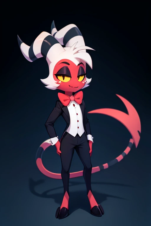 Moxxie, 1boy, black suit, black pants, red bow tie, demon boy, red skin, yellow eyes, yellow sclera, white hair, demon horns, demon/spade tail, striped tail, red/black eyeshadow, white freckles, red/black hooves, perfect anatomy, solo