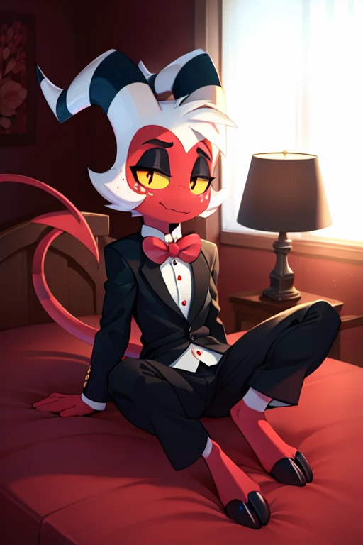 Moxxie, 1boy, black suit, black pants, red bow tie, demon boy, red skin, yellow eyes, yellow sclera, white hair, demon horns, demon/spade tail, striped tail, red/black eyeshadow, white freckles, red/black hooves, perfect anatomy, solo