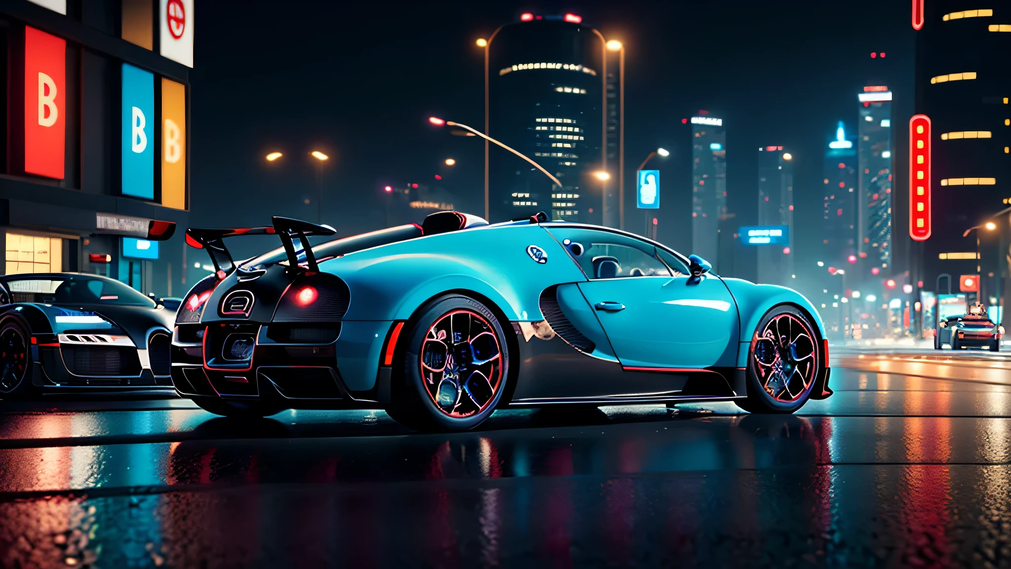 a close up of a bugatti veyron driving on a city street at night, 8 k high detail concept art, 8k octane 3d render, cyberpunk art ultrarealistic 8k, 8 k octane detailed render, 8 k cg render, 8k concept art, 8 k concept art, cyberpunk car, cyberpunk 8 k, ross tran 8 k, 8k octane render