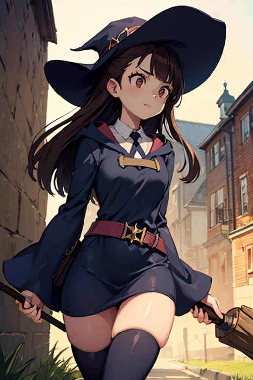 A black haired female witch with brown eyes with an hourglass figure in a conservative victorian dress is holding g at broom in the early morning