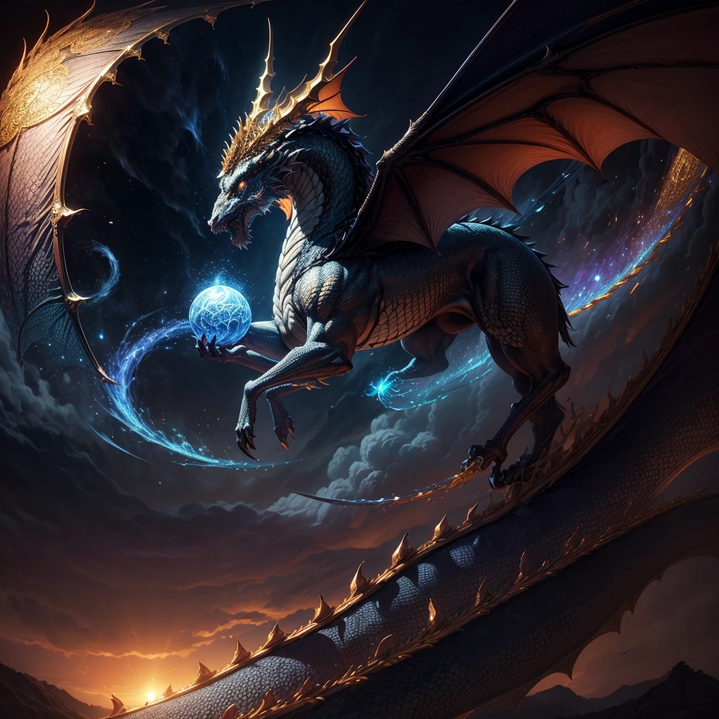 (Melhor qualidade,high resolution,ultra-detalhado:1.2),cores vivas,Pintura tradicional chinesa,dragon scales,paisagem antiga,Mythical creatures,arquitetura tradicional,paleta de cores vermelho e dourado,pinceladas fortes,historical and mystical atmosphere,legendary beast,burning breath,dramatic lighting,Simbolismo auspicioso,ethereal clouds,grande envergadura,majestic presence,Impressive composition,mythical beast descending from the sky,ornate patterns,corte do imperador,meticulous attention to detail,fierce dragon gaze,Seres Celestiais,Golden scales shimmering in the sunlight,cultural heritage,inspirador,Mythical powers,sabedoria antiga,sereno e poderoso,traditional ink painting techniques,Dinamismo e movimento,escala impressionante,Heavenly Guardian,elementos tradicionais chineses,mythical folklore,significado espiritual,simbolismo cultural,symbol of power and prosperity.