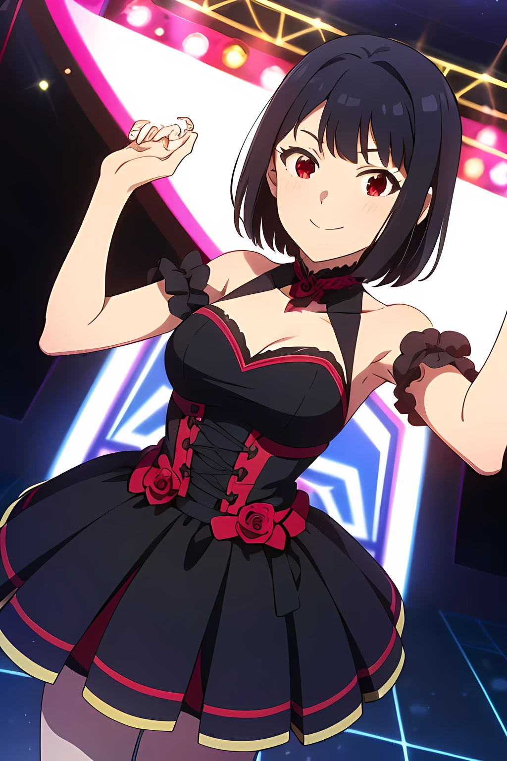 (highres, best quality), mirishita style, 1girl, solo, {idol dress, masterpiece}, {dynamic}, smile, black hair, red eyes, {bangs}, short hair