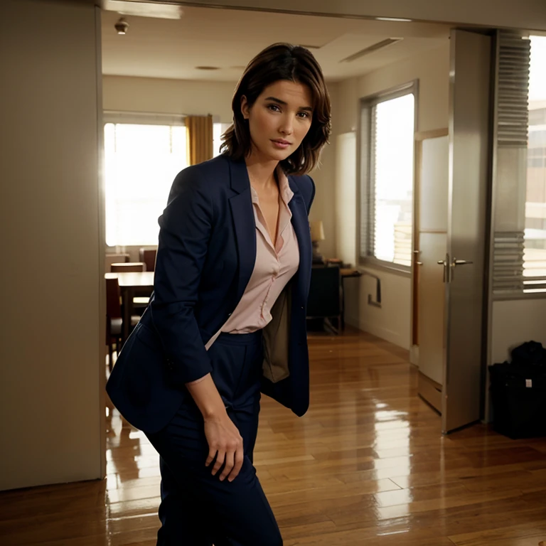 Cobie Smulders dressed in a blazer and colorful dress pants