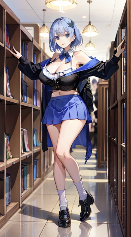 Nino Nakano, short hair, beautiful breasts、huge breasts:1.4,plump breasts, thin legs, happy, split, short skirt, navel, blue eyes, , high socks, ,sensual,permanent, library,