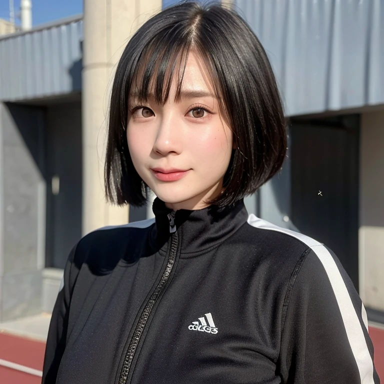 (kawaii 24 year-old Japanese girl, Nogizaka idol, Korean idol), healthy athlete body, (glossy black hair, pixie cut, very short hair, messy hair, wavy hair:1.3), (bangs), (rounded face, single eyelid, no makeup, soft smiling:1.2), (wearing track jackets:1.3), flat chest, (looking at viewer:1.2), BREAK, (track and field background:1.3), (dynamic angle:1.3), BREAK, (masterpiece, best quality, photo realistic, official art:1.4), (UHD, 8K quality wallpaper, high resolution, raw photo, film grain, golden ratio:1.2), (shiny skin), professional lighting, physically based rendering, award winning, (perfect anatomy, highly detailed skin textures, extremely detailed face and eyes, well drawn glittering pupils), Carl Zeiss 85 mm F/1.4, depth of field, 1girl, solo,