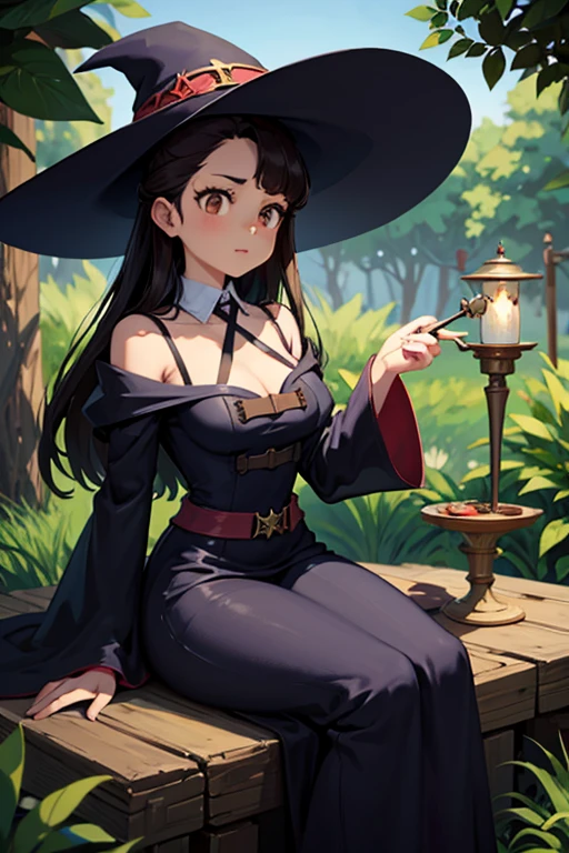 A black haired female witch with brown eyes with an hourglass figure in a conservative victorian dress is drinking tea in a mystical garden