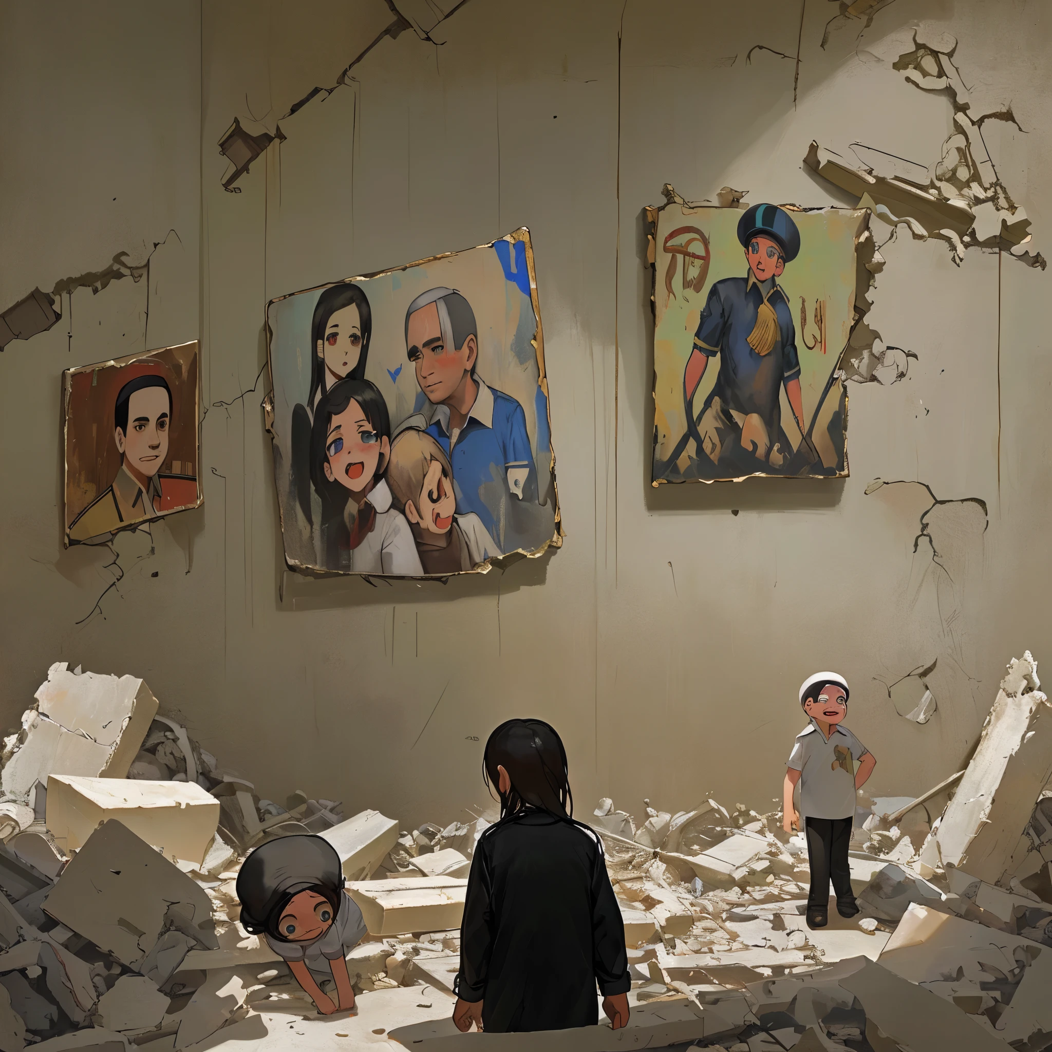 An oil painting painted on a wall with a picture of Abdel Fattah al-Sisi, President of Egypt, and Netanyahu, President of Israel, smiling in front of the wall. A group of children with sad faces and crying eyes amidst the rubble.