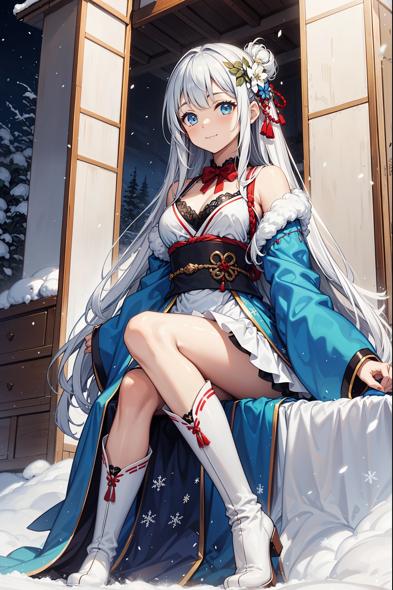saints,Attractions,having fun,in love,(Western magic white dress),silver hair,blue eyes,Suitable for transparent clothes,Decoration of saints,Sky blue cloth,Snowflake pattern,Sky blue pattern,snowy night,Transparent lace,exquisite clothing,sitting position,the only person,Japanese garden,(night:1.1),snow,(Long suspender boots:1.1),Exquisite and beautiful face,sitting position