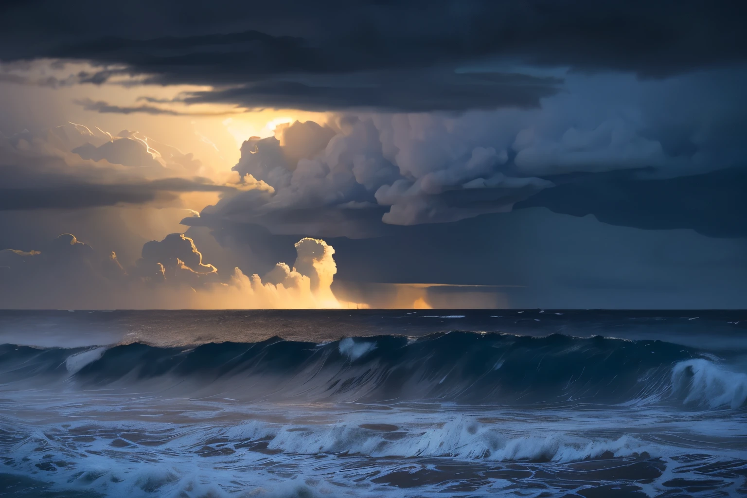 violent storm,The sea roared,Huge waves rolling,The waves lap against the reef on the shore,Splash,The sky is gloomy,Dark clouds rolling,Thunder and lightning,Seagulls fly between the waves,Water and sky,The sound of the waves is deafening,majestic,Amazing,The overall composition is impeccable, surreal art,8k,Artistic style is a depiction of nature,Invoke a sense of awe in the audience,Exquisite details,ambient light,Depression,medium long shot,--3:4 --Style 200