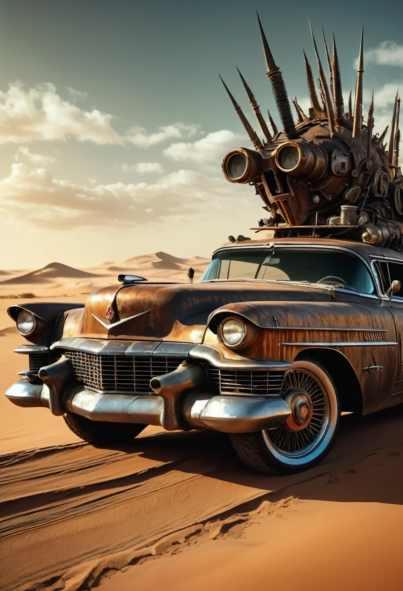 faithful image of an old rusty 1955 cadilac eldorado with spikes and spikes on the hood, military style with modifications, he is running in the sand of the Sahara desert, carro steampunk, dramatic art, estilo de arte dieselpunk, apocalyptic road warrior vibe, a girl with sunglasses is inside the car, arte digital surreal, Mad Max inspirado, heavy metal artwork, simetria da face cromada, arte steampunk digital, It's not the Mad Max style, metal art, It's not Filip Hodas' art style, arte digital steampunk, dieselpunk, em um mundo hightech, foto na diagonal