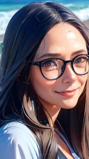 highest quality、realistic、Japanese、girl、zoom、look up、cute、gray eyes、glasses、long hair、black hair、all back、Forehead is coming out、Ocean、light blue one piece、joy、Grinning、face close up