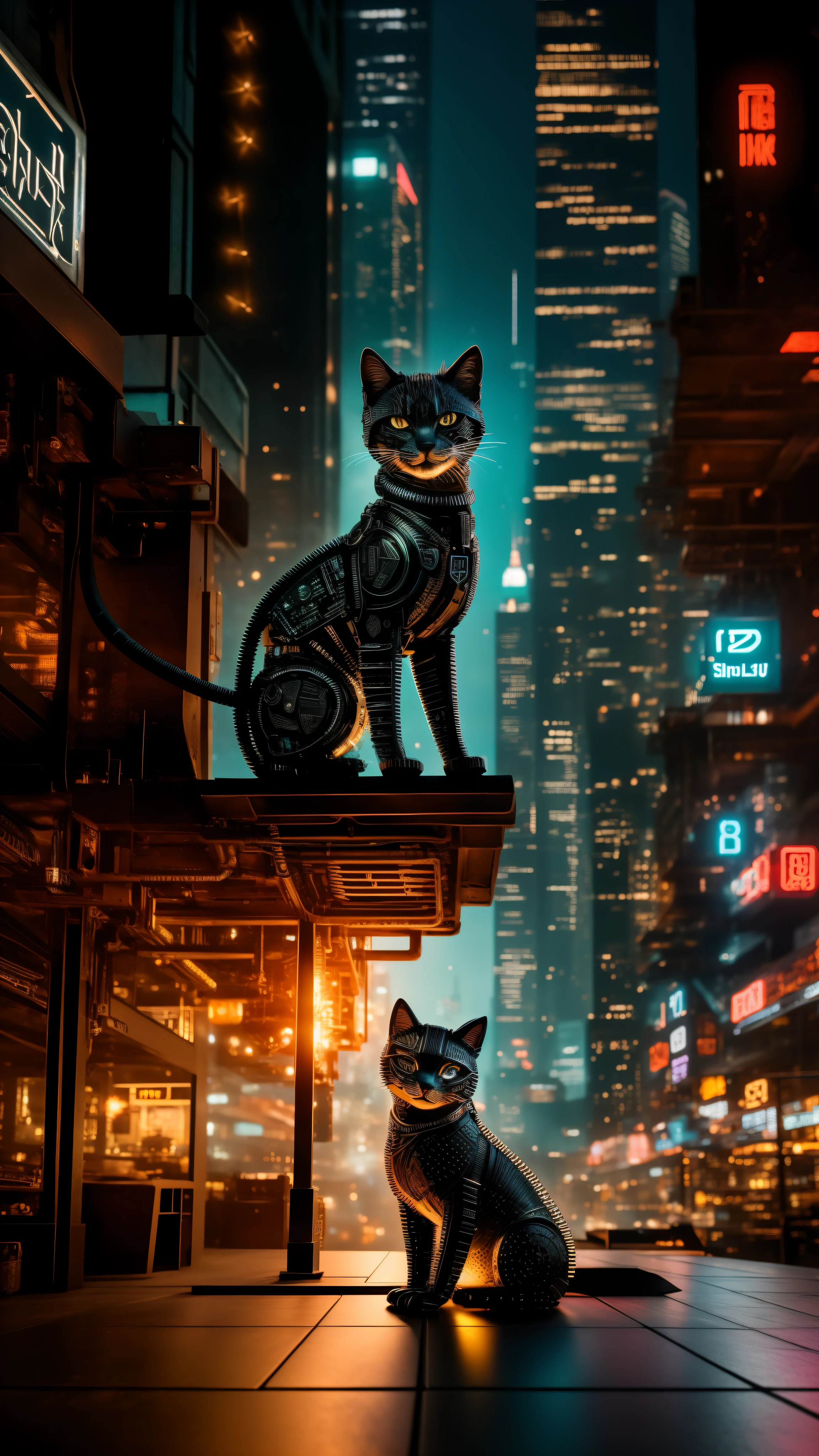 Amidst the gritty backdrop of a futuristic cityscape, a charming metal kitten comes to life. This robotic creature, embodying the cyberpunk style, boasts intricate details that captivate the senses. Each bolt, wire, and gear is meticulously crafted, reflecting the artist's dedication to perfection. The scene is bathed in high dynamic range lighting, illuminating every facet of this mechanical marvel, creating a vibrant and rich visual experience. The cinematic footage showcases a vignette that centers on our metal kitten, with the edges softly fading to draw the focus to its intriguing form and super detailed features.