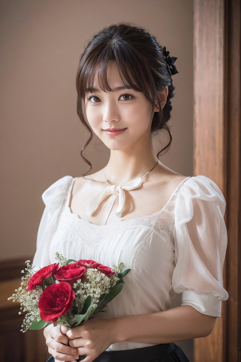 medium view, medium shot, Depth of written boundary, bust, Upper body, cinematic angle, masterpiece, highest quality, Super detailed, cg, 8k wallpaper, beautiful face, delicate eyes, maiden, alone, smile, bangs, skirt, shirt, have, black dress, bow, petal, bouquet