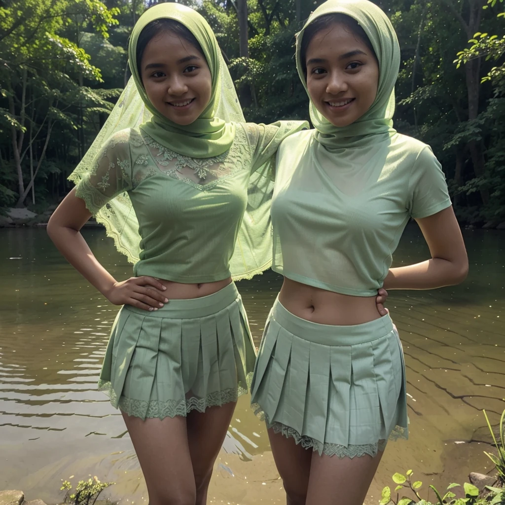 two young malay girl, wearing hijab,  young girl, babyface, dakin, seductive pose, spreading leg, smiling, fat lips, javanese nose, thin body, flat chest, flat stomach, small girl body,l breast, in waterpark, dimples, small nipples, wearing wet yellow satin shirt, nipples erected