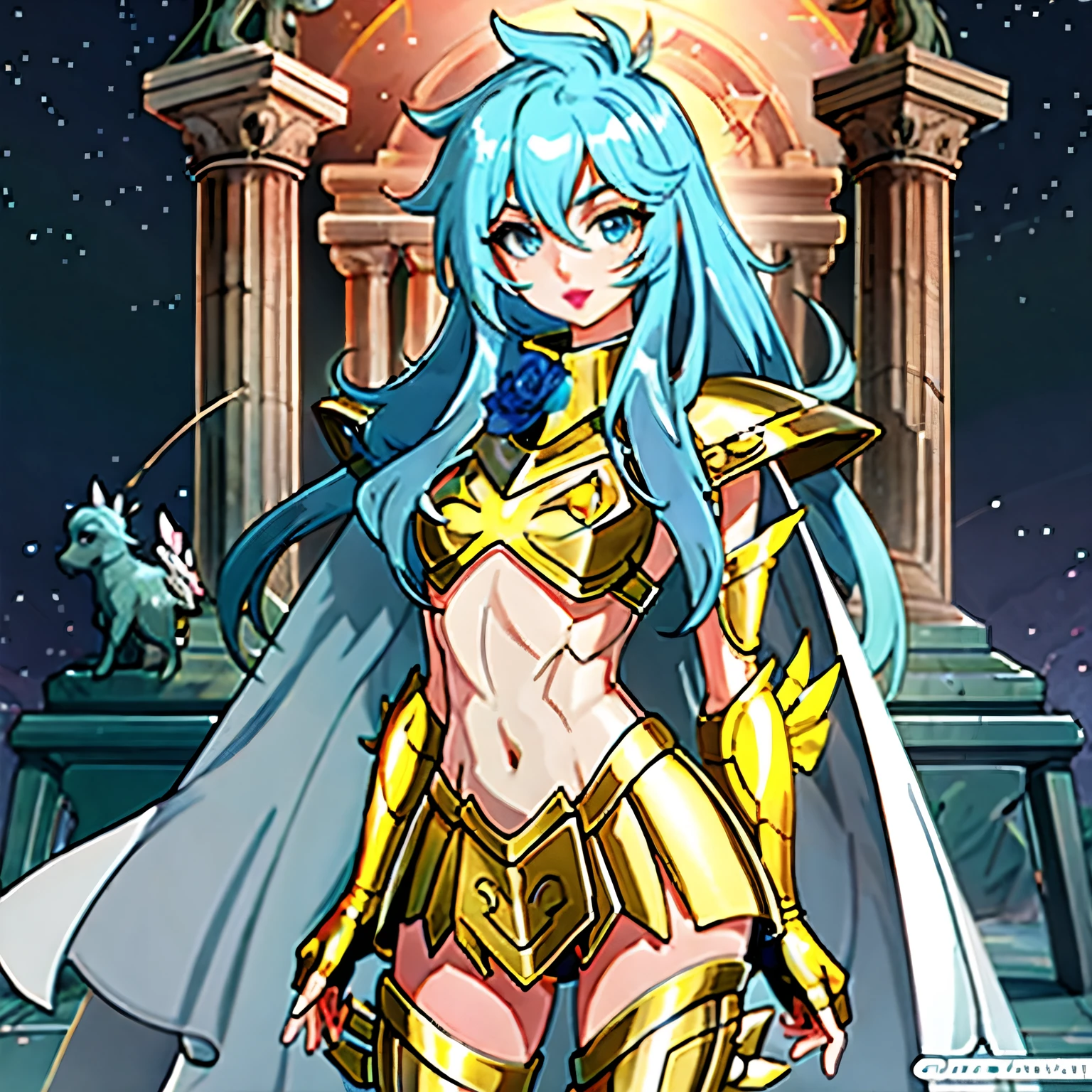 obra maestra, Mejor calidad, obra maestra, cara detallada, ojos detallados, cuerpo completo, 1 chica, pelo azul, pelo largo, blue hair, long hair, red lips, armadura de bikini femenina, gold armour,gemas aguamarina, rosa en la boca, templo griego, rosas en el suelo, NSFW