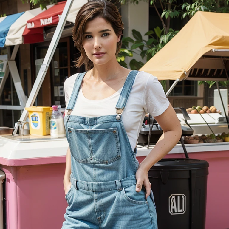 Cobie Smulders dressed in colorful overalls