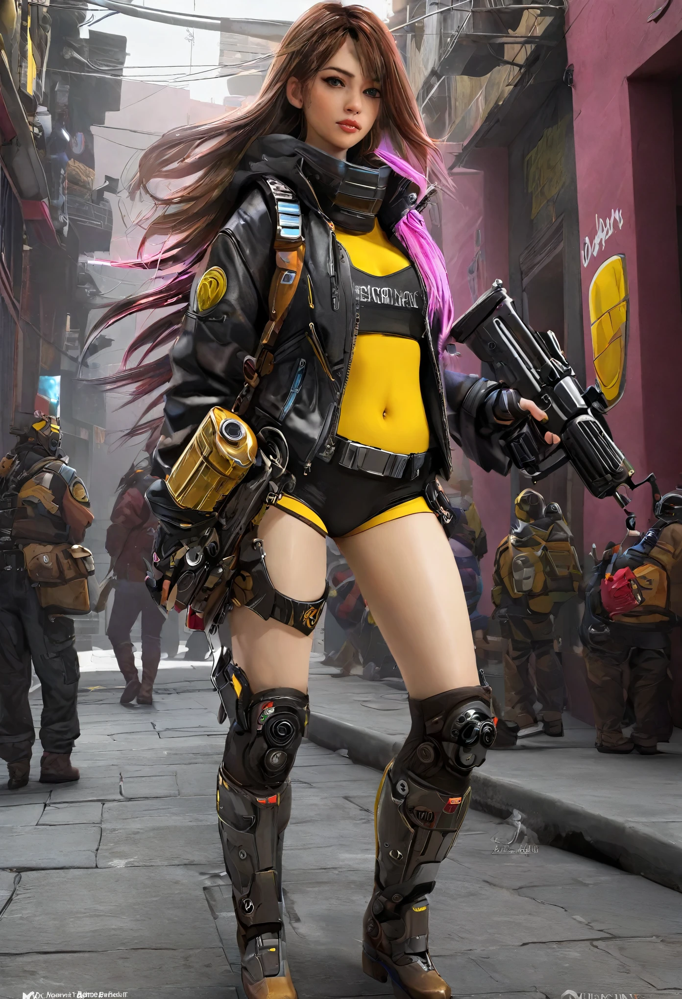 Motor irreal:1.4,CG K ultra realista, Fotorrealista:1.4, Textura de la piel:1.4, artwork 1 girl, Pistola Gatling, shell, mirando al espectador, dynamic pose, golpes, ammunition belt, guantes, senos, Tiroteo, Extremadamente detallado :1.4, more detailed, optical mixing, patrones juguetones, textura animada, Unique visual effect, o color amarillo cyberpunk, pantimedias rojas, minifalda de cuero amarilla, obra maestra, ((colores, cian, verduras, rosa, Brown: 1.2)) , Arte digital realista de 8k.)), 32k
INFO
