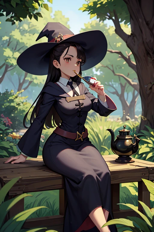 A black haired female witch with brown eyes with an hourglass figure in a conservative victorian dress is drinking tea in a mystical garden
