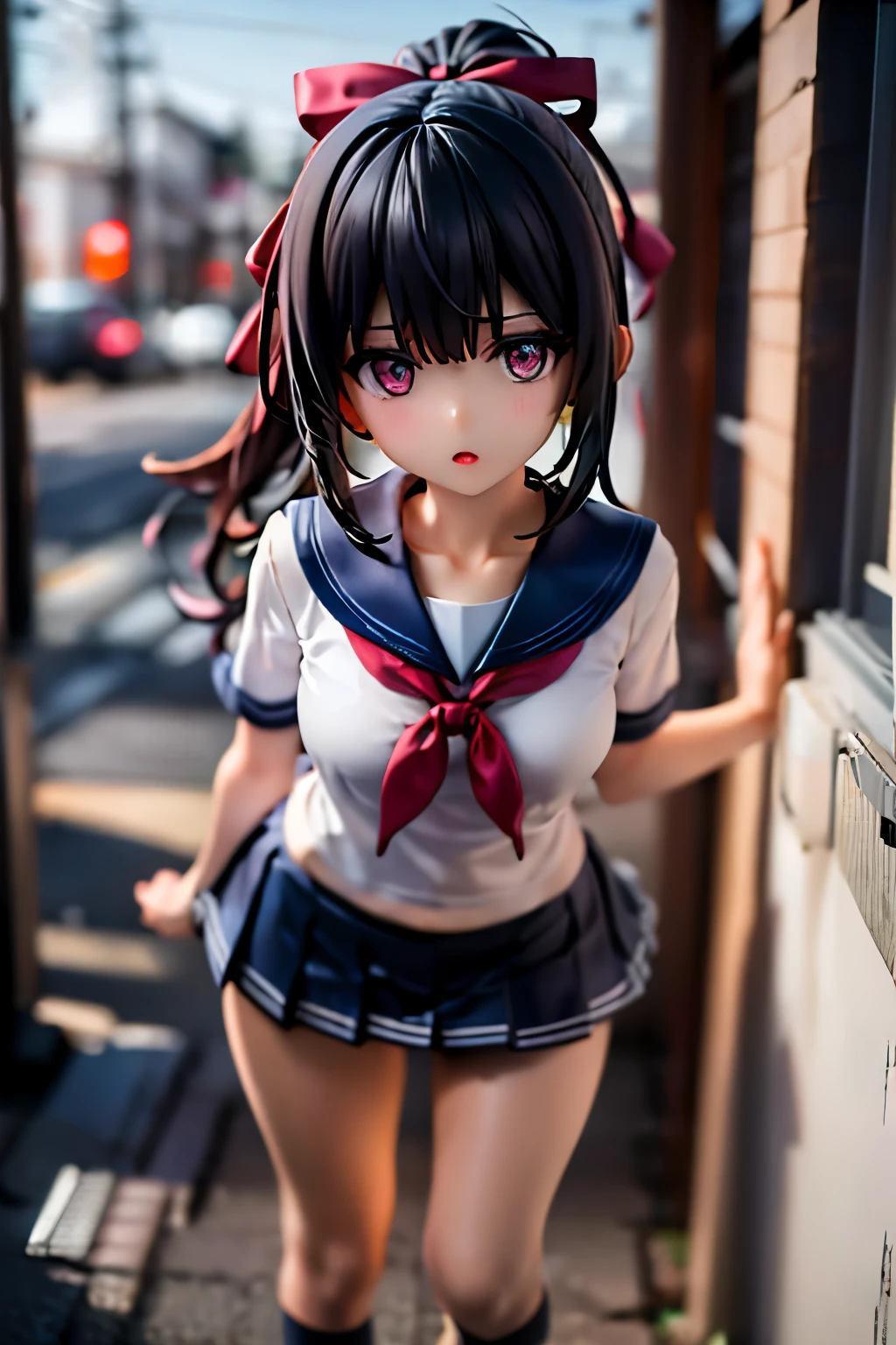 A girl peeks at me, sailor uniform, red ribbon, navy pleated skirt, tan, black hair, ponytail, loose socks, looking sideways, looking up, surprised expression, masterpiece, detailed eyes, foundation, eye shadow, red lipstick, cheeks The scenery of Kyoto, blurring the background