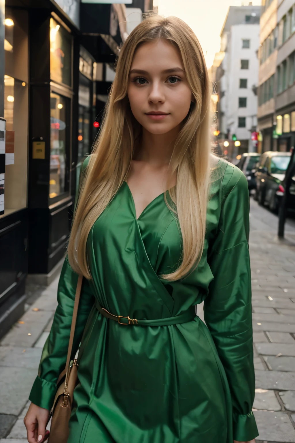 light blonde small face long hair girl wearing green sexy dress in the city