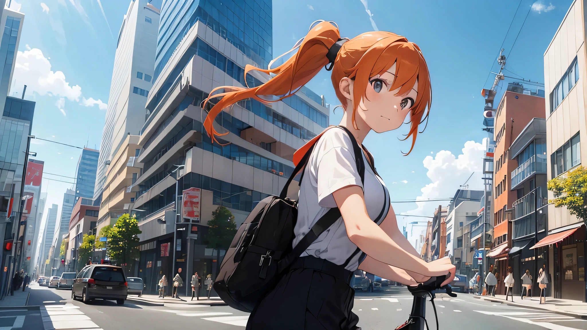 female delivery person, touring, On the way to deliver it to the courier, on the city street, high detail, 4k, masterpiece.anime style,Skyscrapers line the streets,ponytail,orange hair,Messenger bag