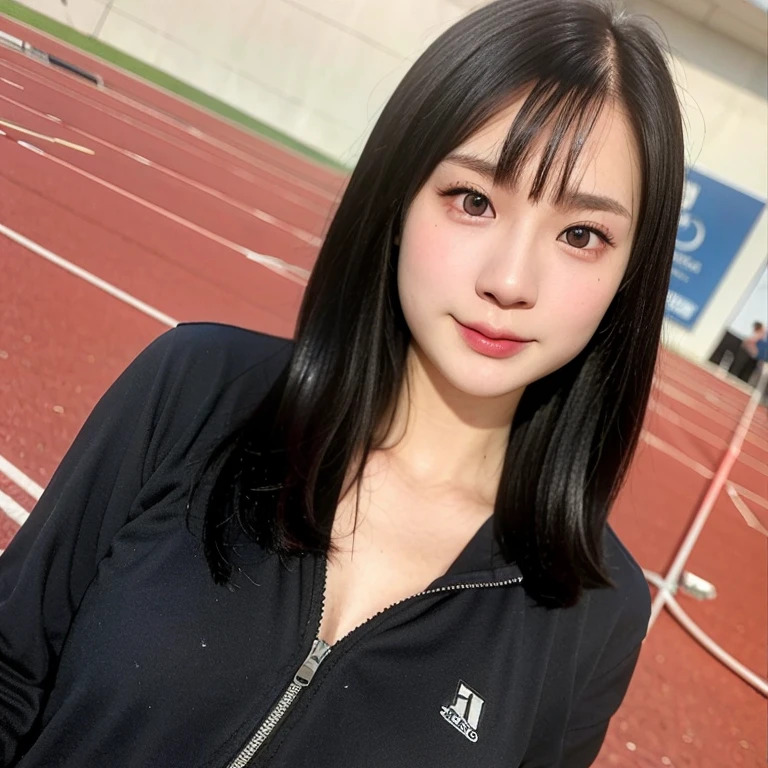 (kawaii 24 year-old Japanese girl, Nogizaka idol, Korean idol), healthy athlete body, (glossy black hair, pixie cut, very short hair, messy hair, wavy hair:1.3), (bangs), (rounded face, single eyelid, no makeup, soft smiling:1.2), (wearing track jackets:1.3), flat chest, (looking at viewer:1.2), BREAK, (track and field background:1.3), (dynamic angle:1.3), BREAK, (masterpiece, best quality, photo realistic, official art:1.4), (UHD, 8K quality wallpaper, high resolution, raw photo, film grain, golden ratio:1.2), (shiny skin), professional lighting, physically based rendering, award winning, (perfect anatomy, highly detailed skin textures, extremely detailed face and eyes, well drawn glittering pupils), Carl Zeiss 85 mm F/1.4, depth of field, 1girl, solo,