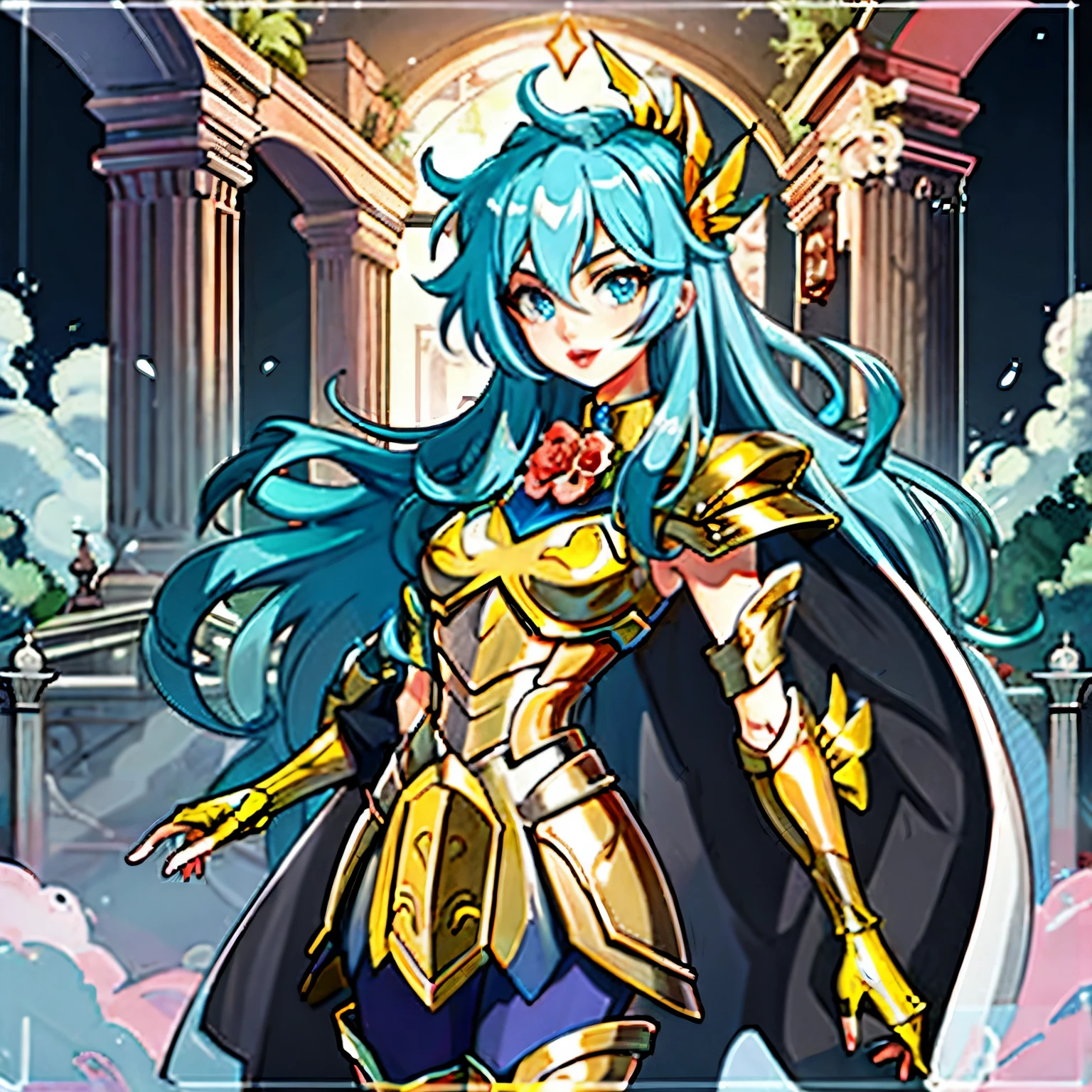 obra maestra, Mejor calidad, obra maestra, cara detallada, ojos detallados, cuerpo completo, 1 chica, pelo azul, pelo largo, blue hair, long hair, red lips, armadura de bikini femenina, gold armour,gemas aguamarina, rosa en la boca, templo griego, rosas en el suelo,