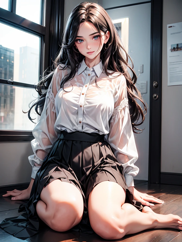 A woman, 30 years old, Mature, Super textured hair, Extra long wavy hair, Single ear front hair, Nice face, Super detailed eyes, Grow eye hair, shining pupils, Charming eyes, Beautiful and delicate lips, seductive smile, A light blush, Very detailed face, Extra detailed body, High quality real skin texture, (Advanced semi-transparent chiffon office clothing design), white collared shirt, black skirt, Lace trim at hem, Revealing black underwear, barefoot,