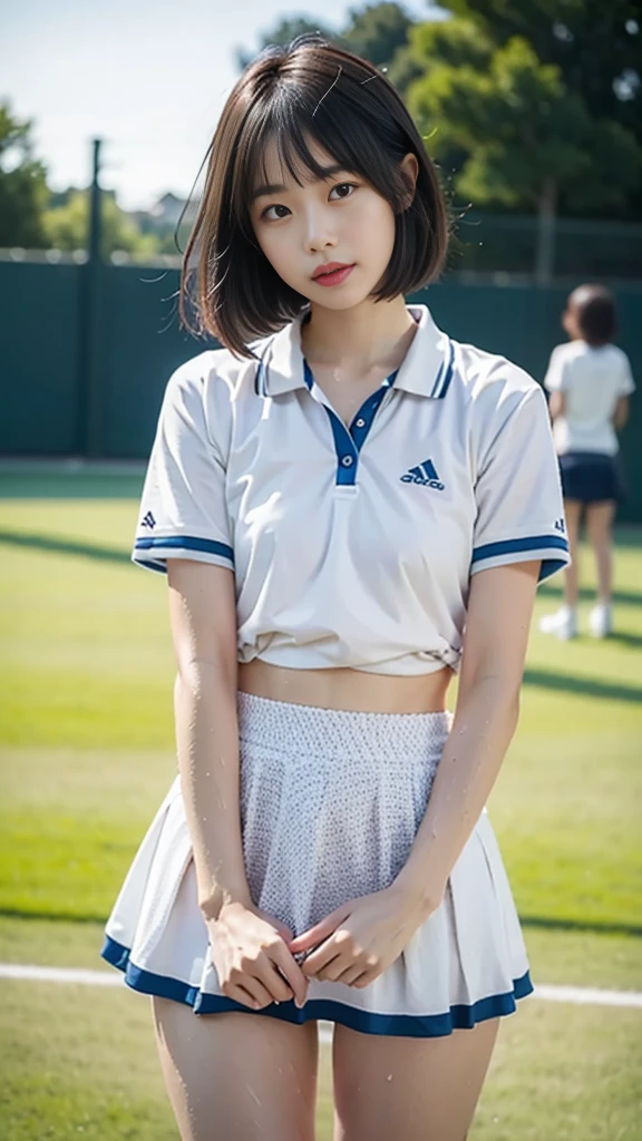 1 girl, alone, white polo shirt, white sneakers, Pink tennis wear: 1.3, white mini skirt, masterpiece, highest quality, realistic, hyper detail, (Glossy skin, sweaty: 1.4), disorganized, camera's line of sight, short black hair, brown eyes, thin, dynamic lighting, High resolution, sharp focus, Depth of the bounds written, fine eyes, realistic eyes, (big: 1.2), (thick thighs: 1.0), outdoor, null, korean idol, Nogizaka Idol, idol sculpture, actress, ((the skirt is rolled up))、((Low-rise high-leg panties with a blue and white striped pattern are visible.))