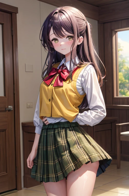 (masterpiece, best quality:1.2), 1girl, solo,standing_split, 
Mikan Yuuki, brown eyes, brown hair, hair ornament,long hair,green plaid skirt, sainan high , , white shirt, yellow sweater vest,no panty
Cameltoe nude naked 
Dripping wet pussy juices lifted shirt showing bra