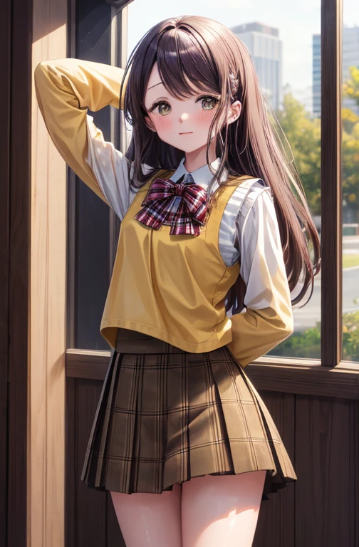 (masterpiece, best quality:1.2), 1girl, solo,standing_split, 
Mikan Yuuki, brown eyes, brown hair, hair ornament,long hair,green plaid skirt, sainan high , , white shirt, yellow sweater vest,no panty
Cameltoe nude naked 
Dripping wet pussy juices lifted shirt showing bra