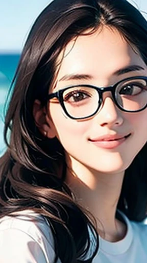 highest quality、realistic、Japanese、girl、zoom、look up、cute、gray eyes、glasses、long hair、black hair、all back、Forehead is coming out、Ocean、light blue one piece、joy、Grinning、face close up