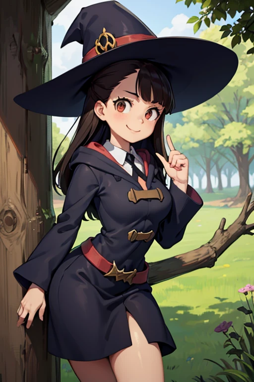 A black haired female witch with brown eyes with an hourglass figure in a conservative victorian dress is smiling on a branch in the park