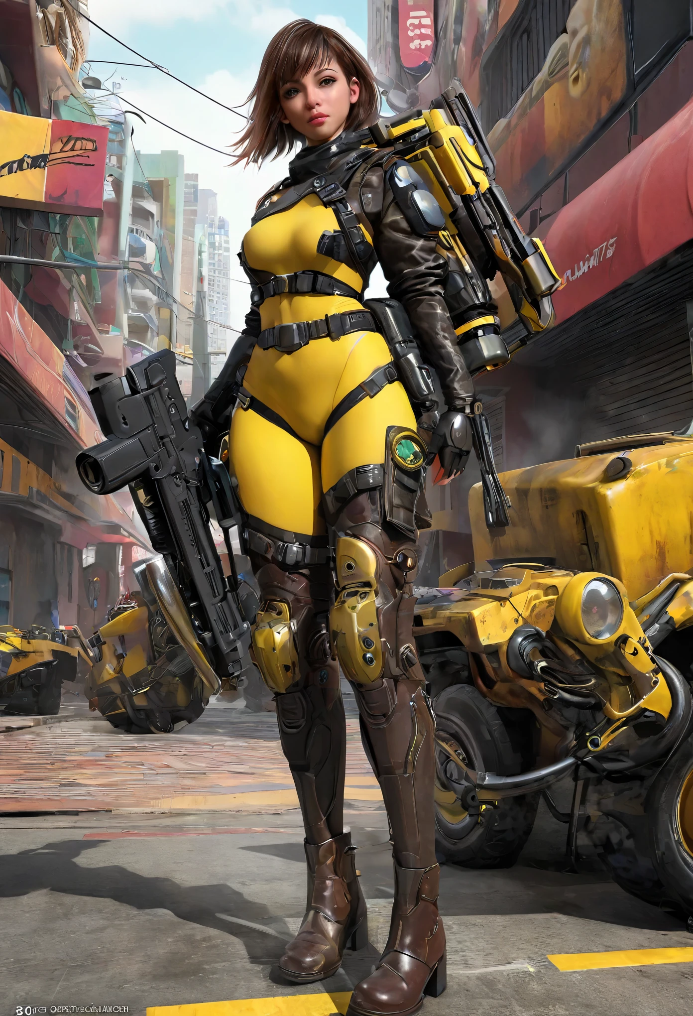 Motor irreal:1.4,CG K ultra realista, Fotorrealista:1.4, Textura de la piel:1.4, artwork 1 girl, Pistola Gatling, shell, mirando al espectador, dynamic pose, golpes, ammunition belt, guantes, senos, Tiroteo, Extremadamente detallado :1.4, more detailed, optical mixing, patrones juguetones, textura animada, Unique visual effect, o color amarillo cyberpunk, pantimedias rojas, minifalda de cuero amarilla, obra maestra, ((colores, cian, verduras, rosa, Brown: 1.2)) , Arte digital realista de 8k.)), 32k

