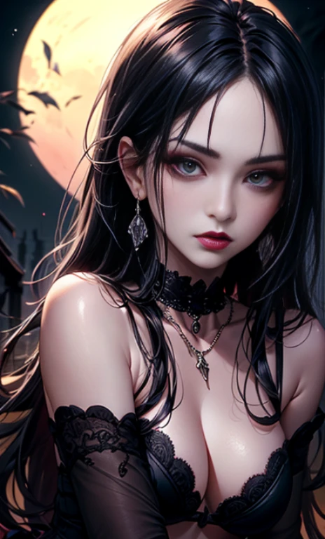 two kiss、Depth of bounds written, detailed eye, ((CG illustration)), ((face focus)), ((masterpiece)), ((8K)), ((super detailed)), ((Super high quality)), ((cinematic)), ((Photoreal)), ((close up shot)), (solo), (cool girl), very long hair, straight hair, (((thin body))), Glossy skin, ((look away)), (Beautiful goth girl with high cheeks and legs), Gothic makeup, clear eyes, lipstick, dark eye shadow, ((No bra)), choker, earrings, provoke, night, ((full moon)), ((Functional)), Lonely, Visual kei, ((pastel colour)), Unwound clothes, forget, kiss, White Knight, dark, silence
