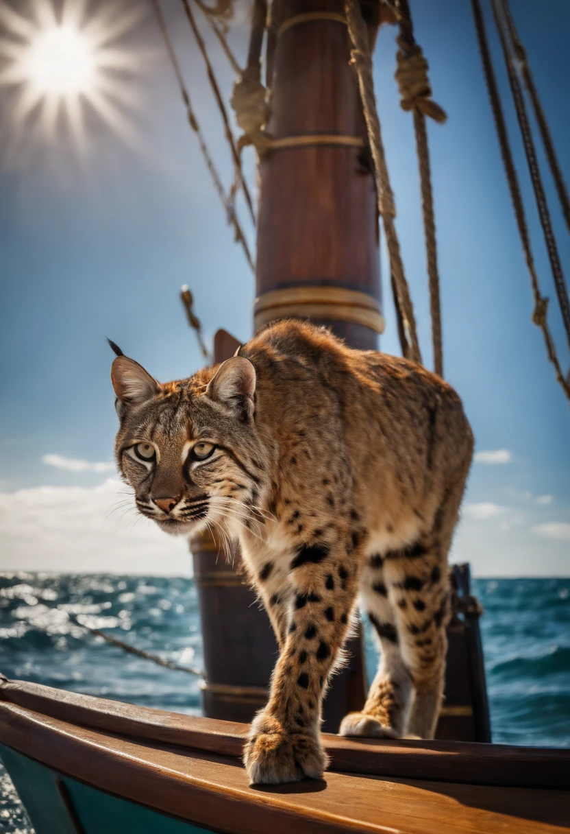 Bobcat, at the bow of the pirate ship, sunny day.