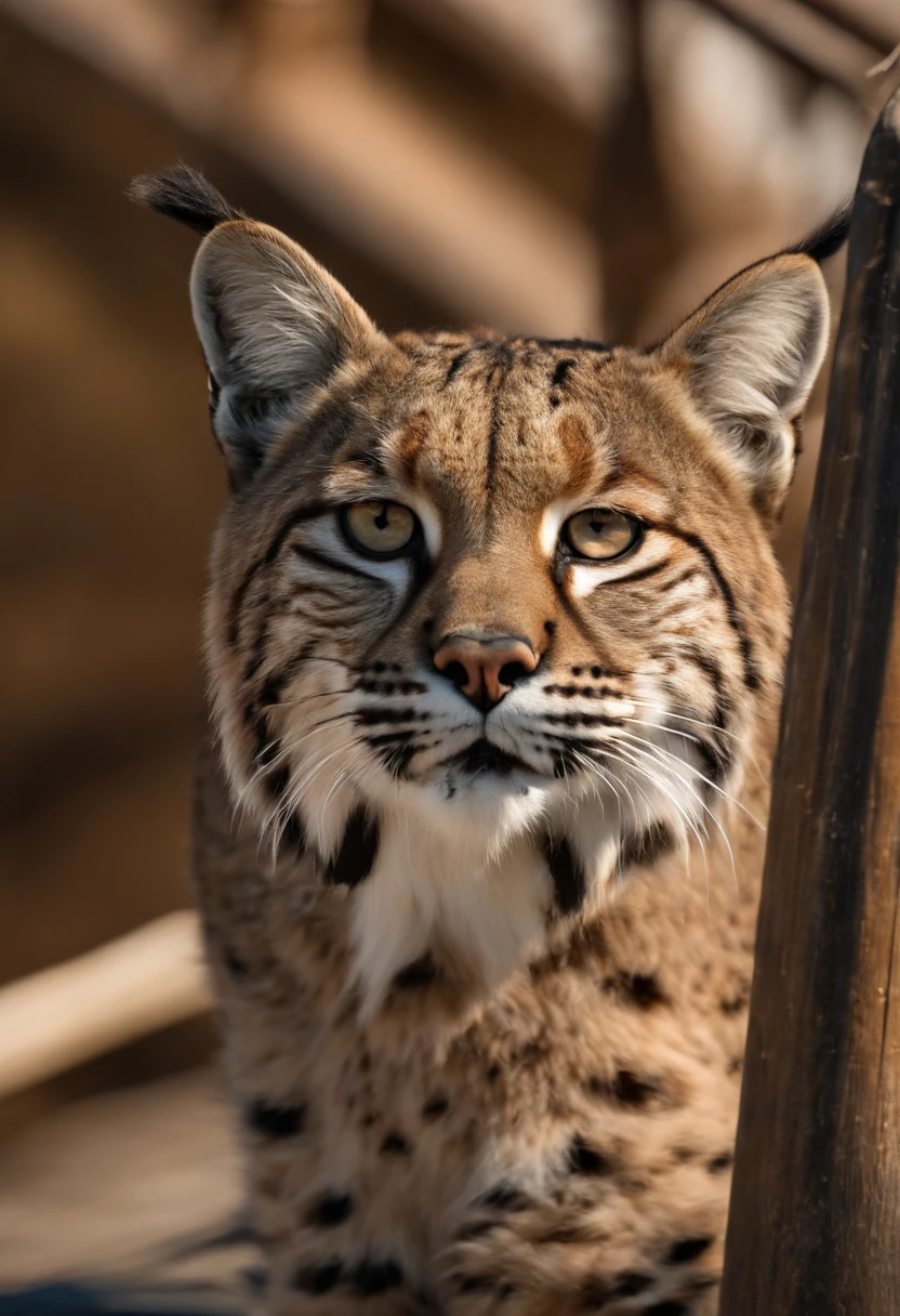Bobcat, at the bow of the pirate ship, sunny day.