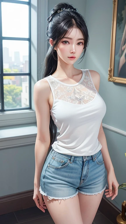 a white hair、Close-up of woman wearing white mask, beautiful figure painting, guweiz, Gurwitz style artwork, White-haired God, author:Yang Jie, Epic and beautiful character art, Stunning character art, author:FAN Qi, by Wuzhun Shifan, guweiz from pixiv art station street, single ponytail, Insult, high ponytail, tall figure, long legs, (sleeveless lace shirt), (shorts), (striped )), ((striped )), Walk, elegant, dignified, feminine, beautiful curves, sweet smile, Strong sense of detail and layering, Rich and brilliant colors, Has a unique texture, rich and colorful, Color harmony, vivid, design art, 16K, super detailed, {{illustration}}, {extremely delicate and beautiful}, {Exquisite surface treatment}, super detailed, Delicate and shining eyes, {{movie lighting}}, Extreme light effects, Model: realism, CFG size: 12, Laura: Bright texture (1.35), high quality, masterpiece, Exquisite facial features, Delicate hair depiction, Detailed depiction of eyes, masterpiece, best quality, Ray tracing, Extremely detailed CG unified 8K wallpaper, masterpiece, best quality, (1 girl), perfect female figure, (((Skinny white T-shirt))), beautiful eyes, (delicate face), short black hair, hair tied up, Light blue hairpins, Black silk frame glasses, in the classroom, (White skin), (best lighting), (Super intricate details), 4K unified, (super detailed CG), Showing white legs, , hot pants, shorts,beautiful breasts、huge breasts:1.4,plump breasts