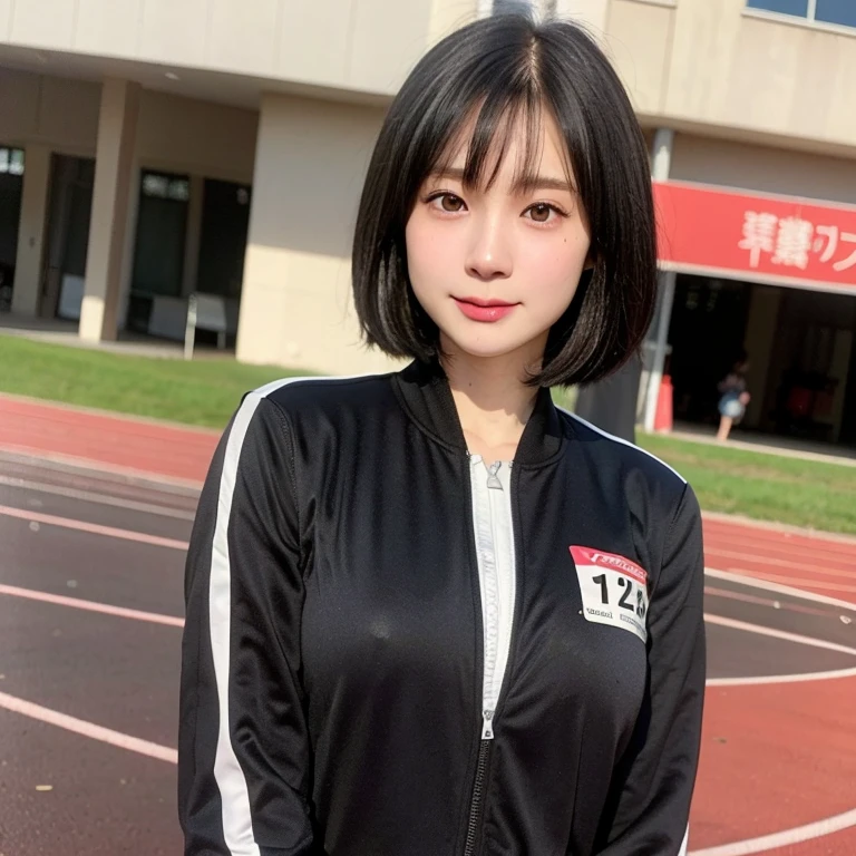 (kawaii 24 year-old Japanese girl, Nogizaka idol, Korean idol), healthy female athlete body, (glossy black hair, pixie cut, very short hair, messy hair, wavy hair:1.3), (bangs), (rounded face, single eyelid, no makeup, soft smiling:1.2), (wearing track jackets:1.3), flat chest, (looking at viewer:1.2), BREAK, (track and field background:1.3), (dynamic angle:1.3), BREAK, (masterpiece, best quality, photo realistic, official art:1.4), (UHD, 8K quality wallpaper, high resolution, raw photo, film grain, golden ratio:1.2), (shiny skin), professional lighting, physically based rendering, award winning, (perfect anatomy, highly detailed skin textures, extremely detailed face and eyes, well drawn glittering pupils), Carl Zeiss 85 mm F/1.4, depth of field, 1girl, solo,