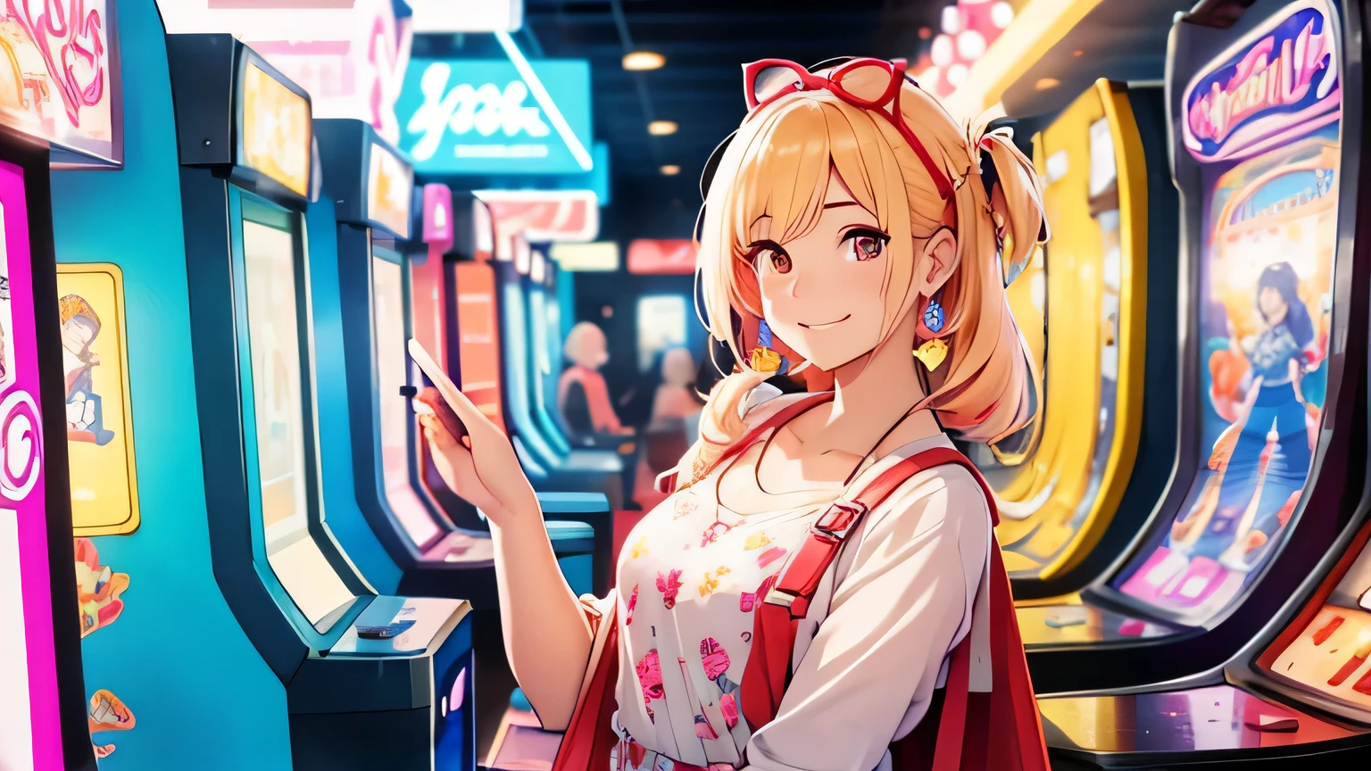 A cute woman in bright clothes is smiling lightly while looking at the screen against the background of an arcade..