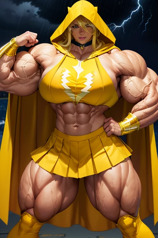 ((((Massive, tall, beautiful, buff, brown skinned muscular woman with yellow hair, ginormous bulky muscles and wearing a yellow Shazamsuit with pleated skirt and a hooded cape)))), close view, ((massive muscle)), massive biceps, hyper muscle shoulders, massive muscle arms, vascular shoulders, hyper muscle triceps, (flowing long hair), grey eyes, superhero gauntlets, choker, ((in a thunderstorm island)), superhero boots, confidant smile, night, hyper vascular arms, hyper muscles arms, hyper muscle legassive arms),