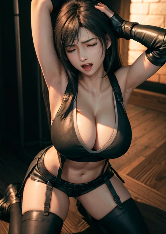 top quality, Very delicate and beautiful, High resolution, 1 girl, Tifa_Lockhart, (Black leather sports bra,Showing deep cleavage)(The clothes reveal a lot of cleavage:1.3), Mini-leather skirt,(hair black:1.5), Elbow gloves, Beautiful and detailed red eyes, Menko, movie lighting, high exposure, ( huge breasts: 1.2), dynamic poses, dynamic angle, (Close eyes,open mouth,pant,moan,frown:0.9) (Obscene expressions:1.3) (headache expression:1.3) (Teethless:1.5) (Show armpits:1.3) Sweating all over:1.4 (Close your eyes as if you're asleep:1.3) Kneeling on the ground:1.7