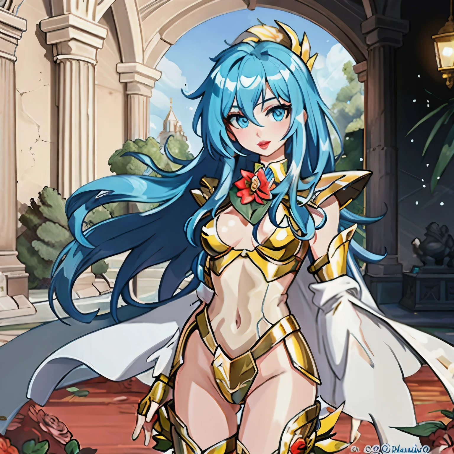 obra maestra, Mejor calidad, obra maestra, cara detallada, ojos detallados, cuerpo completo, 1 chica, pelo azul, pelo largo, blue hair, long hair, red lips, armadura de bikini femenina, gold armour,gemas aguamarina, rosa en la boca, templo griego, rosas en el suelo, breats, NSFW, +18