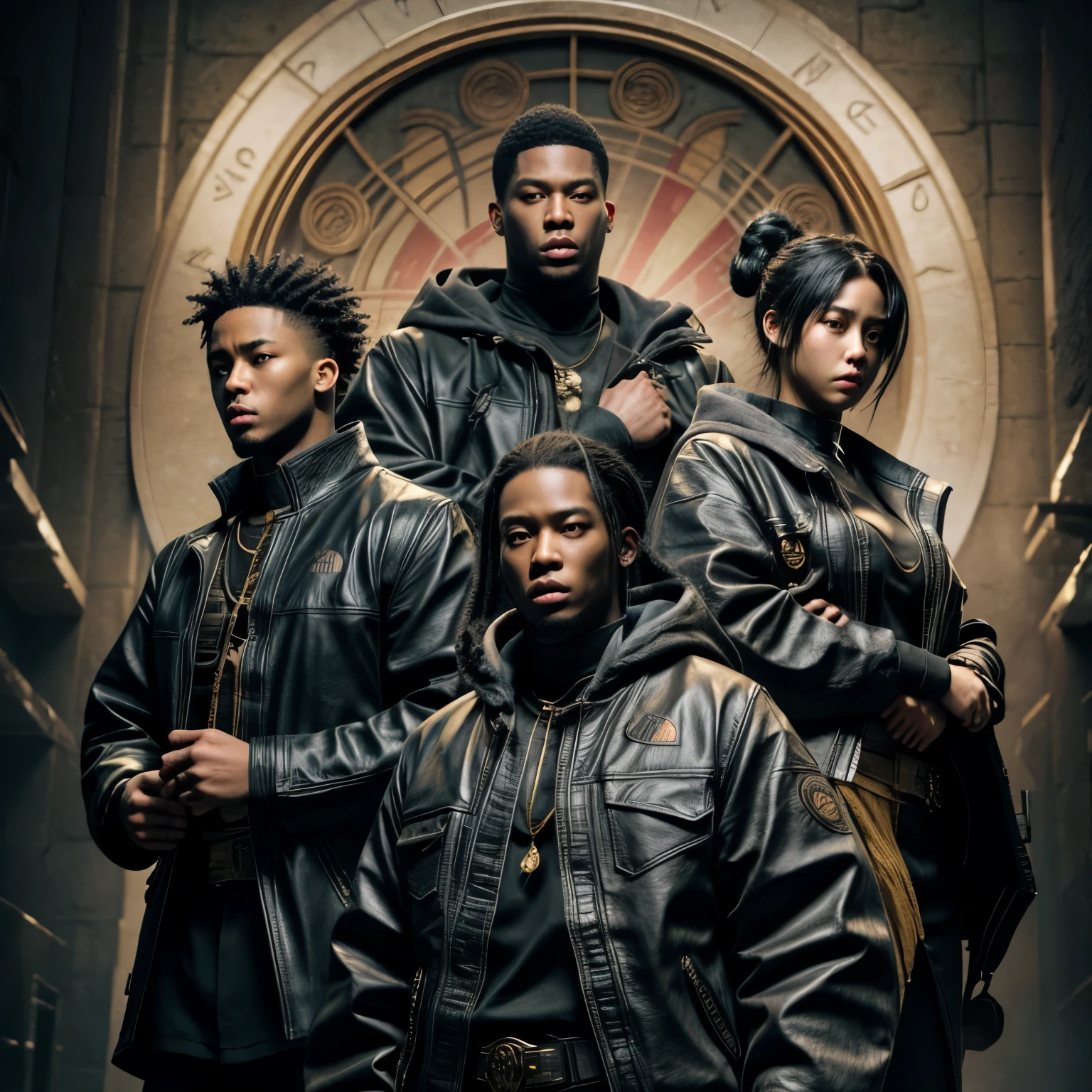 An anime crew film scene titled “Children of the scorn”, with men and women, group of people, more than one person,African American, hip hop influenced, cinematic photo style, warriors, ninja inspired, carhartt style jackets, 50 Cent energy, Rhea Ripley energy, muscular, athletic, warriors of strength, confidence, honor, calm, competent, ambitious, godly essence, divine presence, 4k photo, 8 k photo, high quality, art, luxurious city vibe, north face jackets, movie project, NY