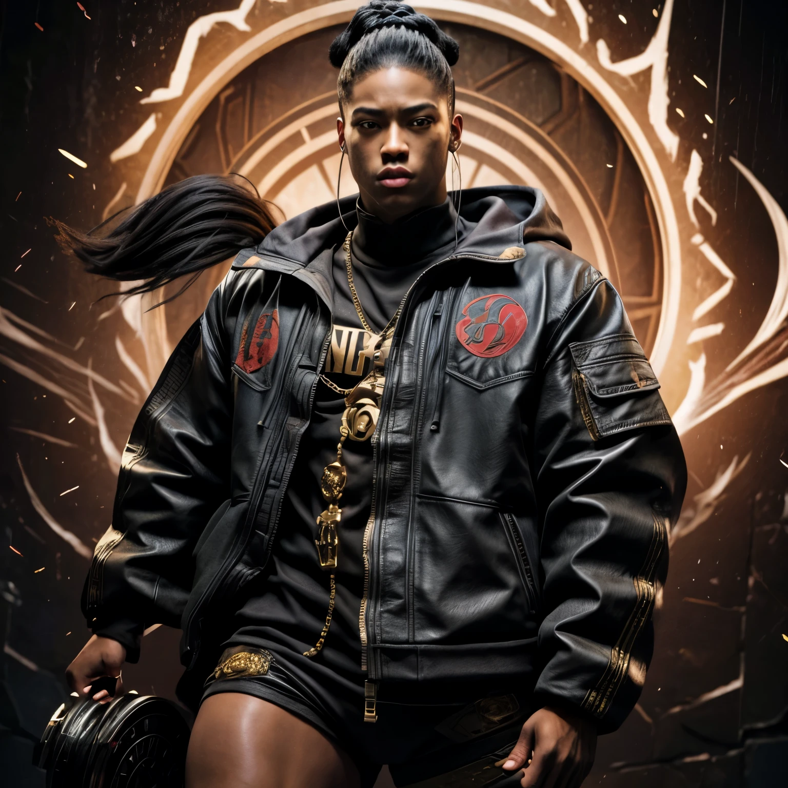 An anime crew film scene titled “Children of the scorn”, with men and women, group of people, more than one person,African American, hip hop influenced, cinematic photo style, warriors, ninja inspired, carhartt style jackets, 50 Cent energy, Rhea Ripley energy, muscular, athletic, warriors of strength, confidence, honor, calm, competent, ambitious, godly essence, divine presence, 4k photo, 8 k photo, high quality, art, luxurious city vibe, north face jackets, movie project, NY