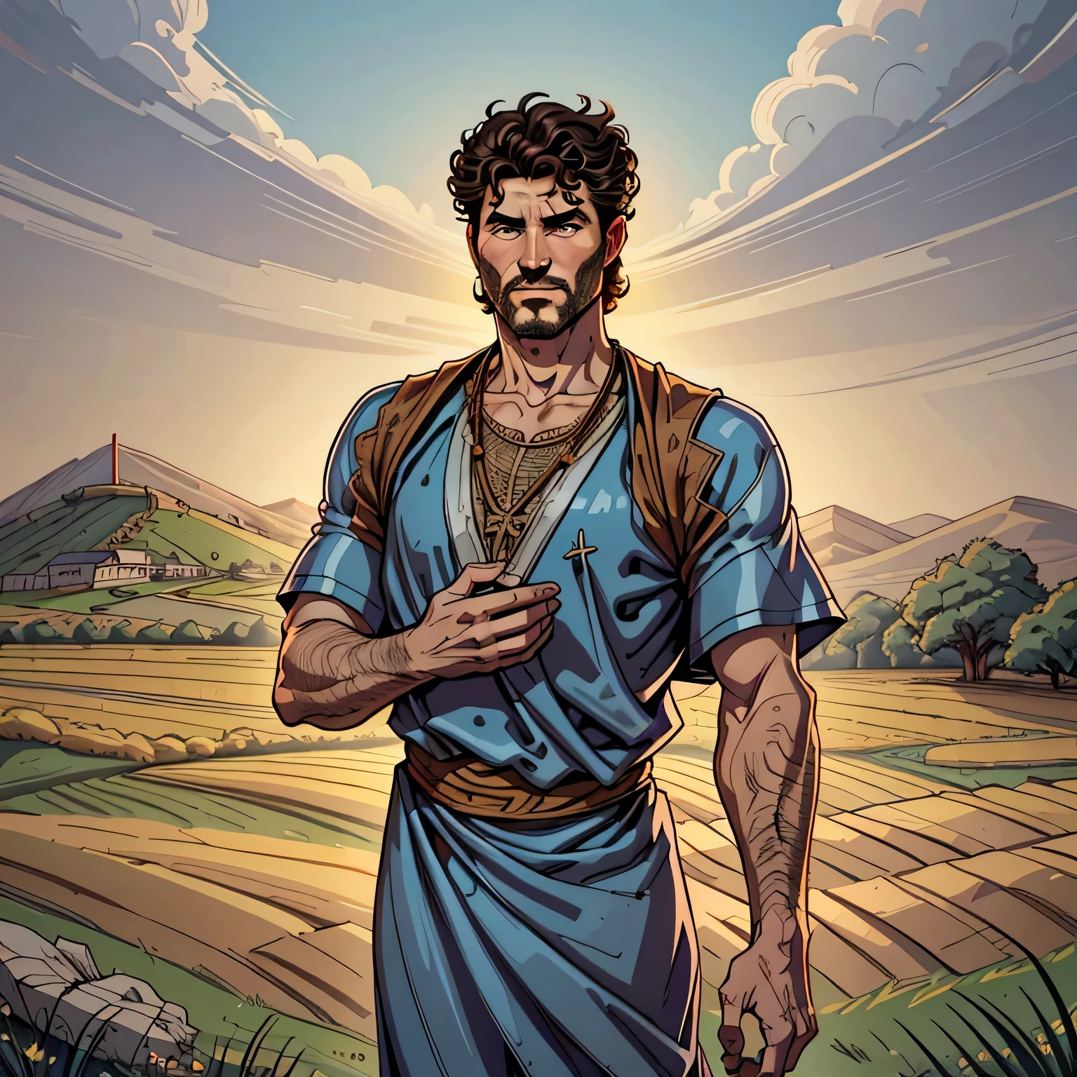 best quality image, man, 45 years old, biblical style, short curly hair, no beard, decisive look, wearing Hebrew style clothes, nothing in his hands, standing in a field biblical style, Hebrew, biblical character