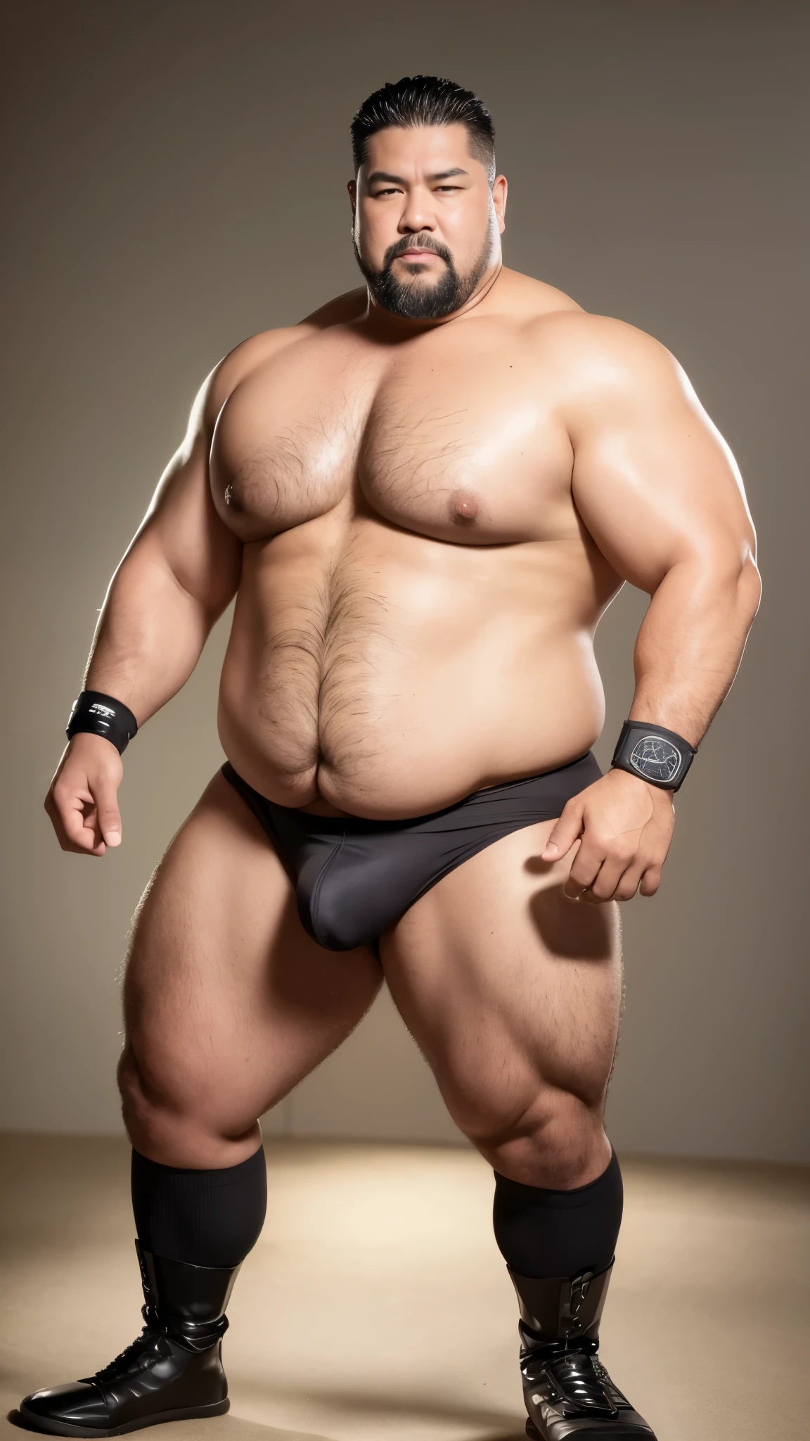 black hair, middle-aged man, individual, male, Muscular wrestler, muscular, Stout wrestler, Asian, Japanese, uncle, 55 year old middle-aged man, short hair, short hair, yellow wrestling boots, full body portrait, shadow, Vision, yellow briefs, obesity, 45 years old, short beard, middle-aged man, tattoo, fingerless gloves, Wheat skin, shiny skin, dark skin, Show your pectoral muscles, sumo wrestler, bodybuilder, wide temples, Visible abdominal muscles, Smile, Fine hands, solid color background, pure white background, Surrealism, Panorama, 8k, super detail，